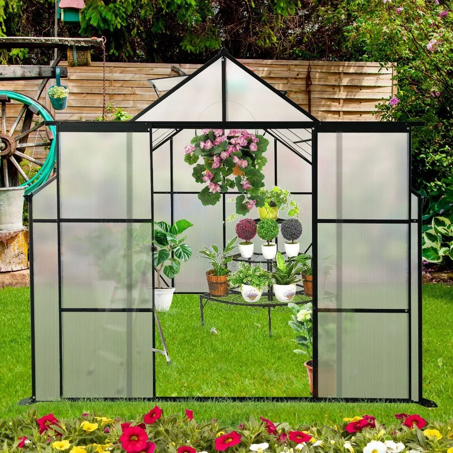 8x8 FT Double Door Polycarbonate Greenhouse Raised Base and Anchor Aluminum Heavy Duty Walkin Greenhouses for Outdoor Backyard