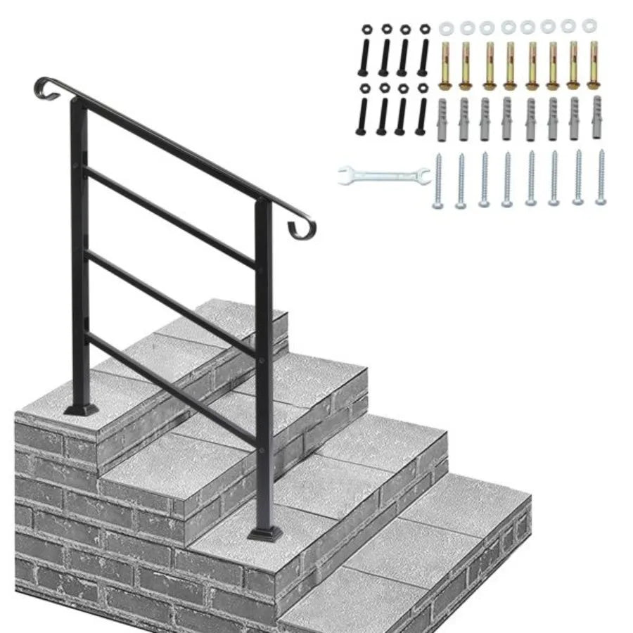 Handrails for Outdoor Steps Wrought Iron Handrail Fits 1 or 3 Steps Transitional Handrail with Installation Kit Black