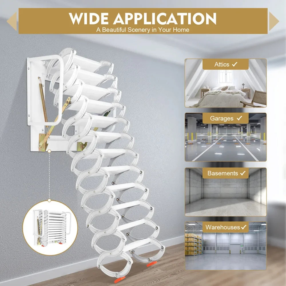 12 Steps Wall-mounted Non-slip Telescopic Extension Folding Ladder 881.85 Lbs Capacity Al-mg Alloy Multi Purpose With Handrails