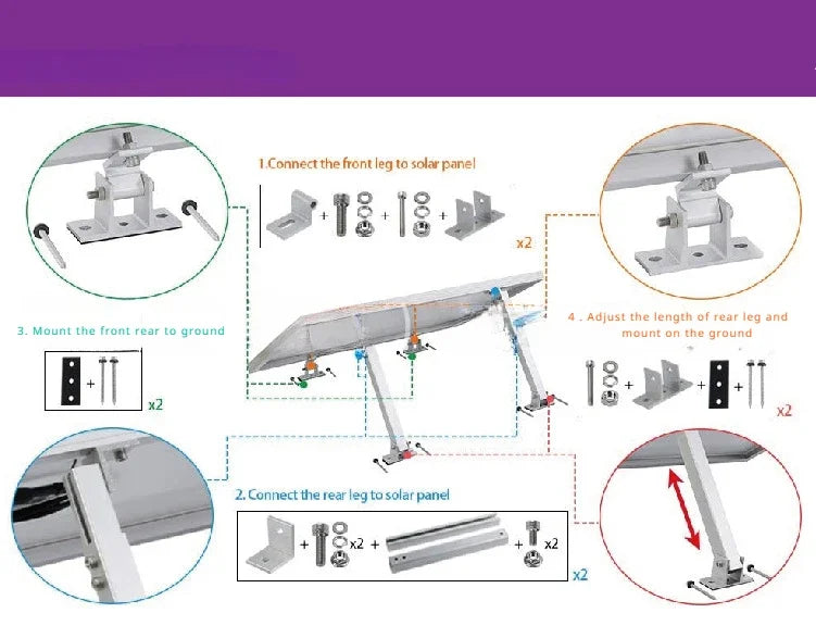 Solar Panel Foot Mount Adjustable Solar Panel Mount Support Aluminum Alloy Solar Panel Mounting Bracket 15-60 Degrees