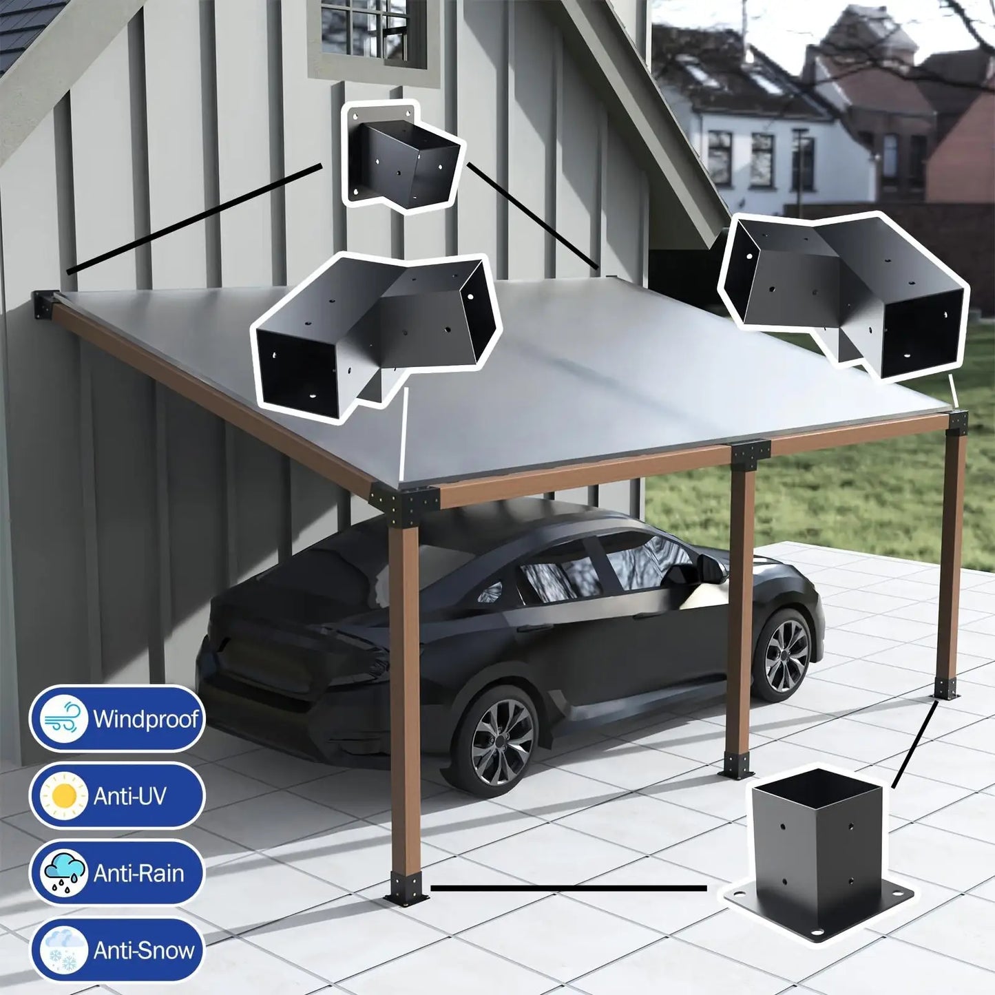 15 Degree 3-Way Steel Pergola Bracket Set Outdoor Home Courtyard Backyard Screw Mounting Hardware for DIY Pergola Projects