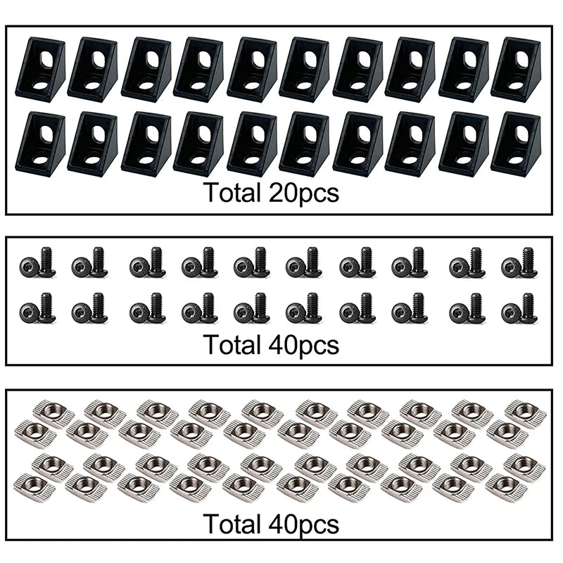20Sets Corner Bracket, 40Pcs Drop in T Nuts and Hex Screw Bolt for Slot 6mm 2020 Series Aluminum Extrusion Profile Accessories