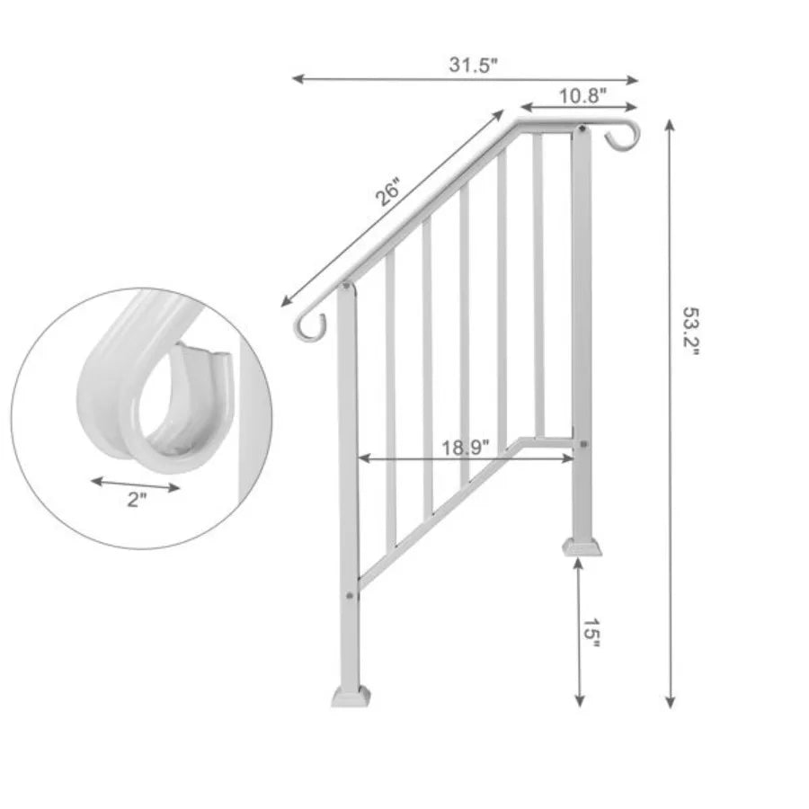 Handrails for Outdoor Steps Iron Handrail Fits 2 Step Transitional Handrail with Installation Kit White