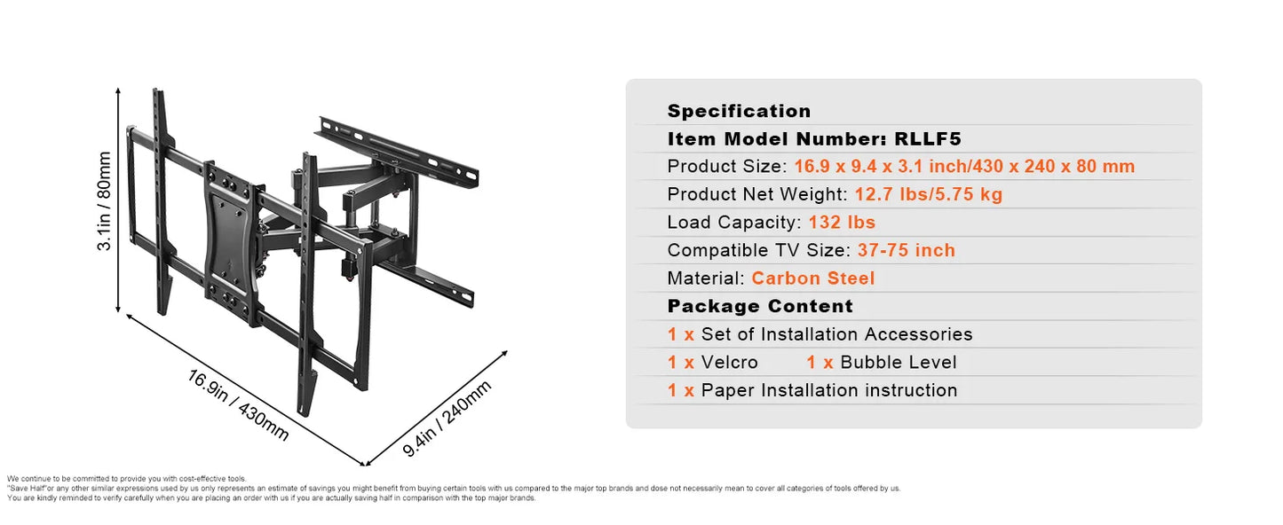 SucceBuy Full Motion TV Mount Fit for 26-90in TVs Swivel Tilt Horizontal Adjustment TV Wall Mount Bracket W/ Articulating Arms