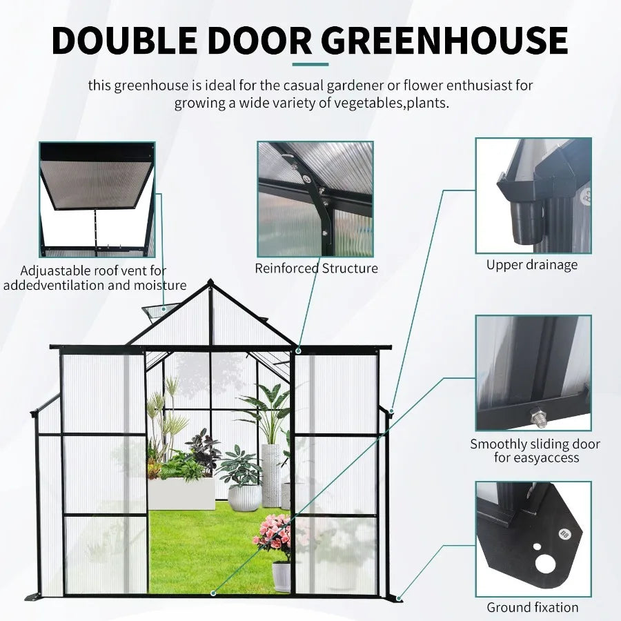 8x8 FT Double Door Polycarbonate Greenhouse Raised Base and Anchor Aluminum Heavy Duty Walkin Greenhouses for Outdoor Backyard