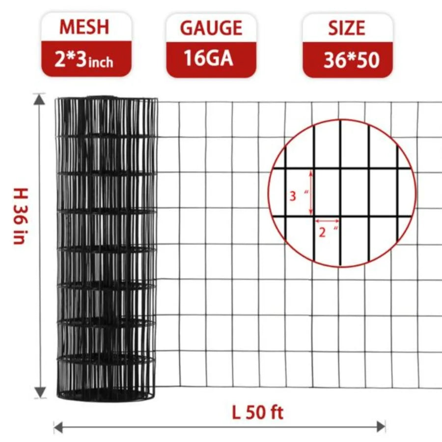 36inch x 50ft Black Vinyl Coated Hardware Cloth 2 X 3 16Ga Welded Wire Mesh fence PVC Coated Welded Chicken Wire Fencing Metal