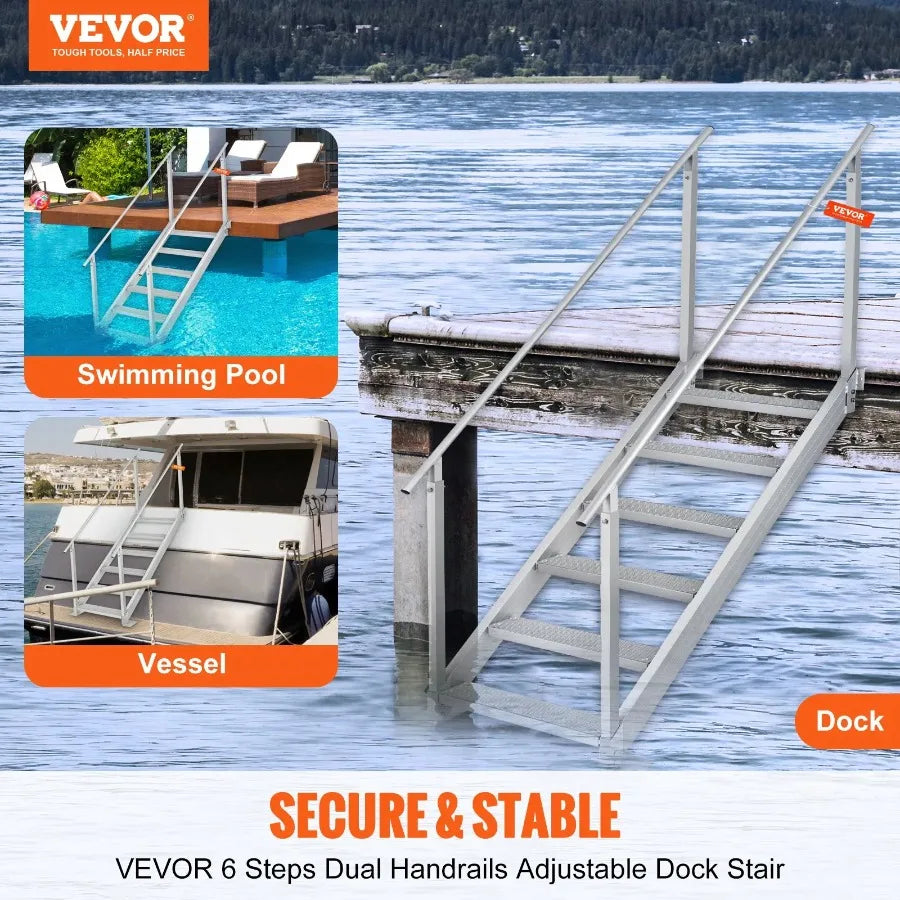 Dock Ladder Adjustable Height 500 lbs Load Capacity Aluminum Alloy Steps Pontoon Boat Ladder with Dual Handrails and Nonslip R