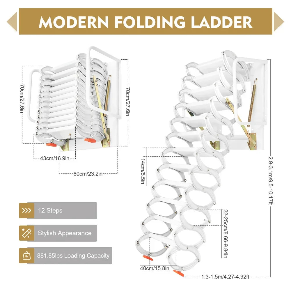 12 Steps Wall-mounted Non-slip Telescopic Extension Folding Ladder 881.85 Lbs Capacity Al-mg Alloy Multi Purpose With Handrails