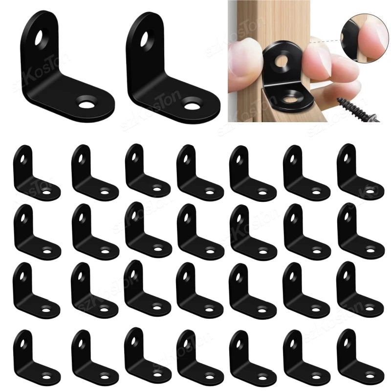 10~50PCS Black Stainless Steel L Shaped Bracket 90 Degree Right Angle Corner Brackets with Screw  for DIY Wood Furniture Cabinet