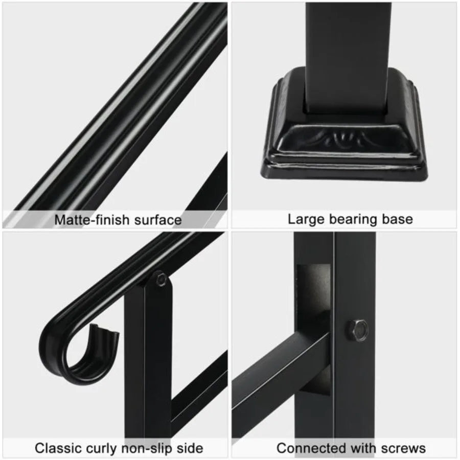 Handrails for Outdoor Steps Wrought Iron Handrail Fits 1 or 3 Steps Transitional Handrail with Installation Kit Black