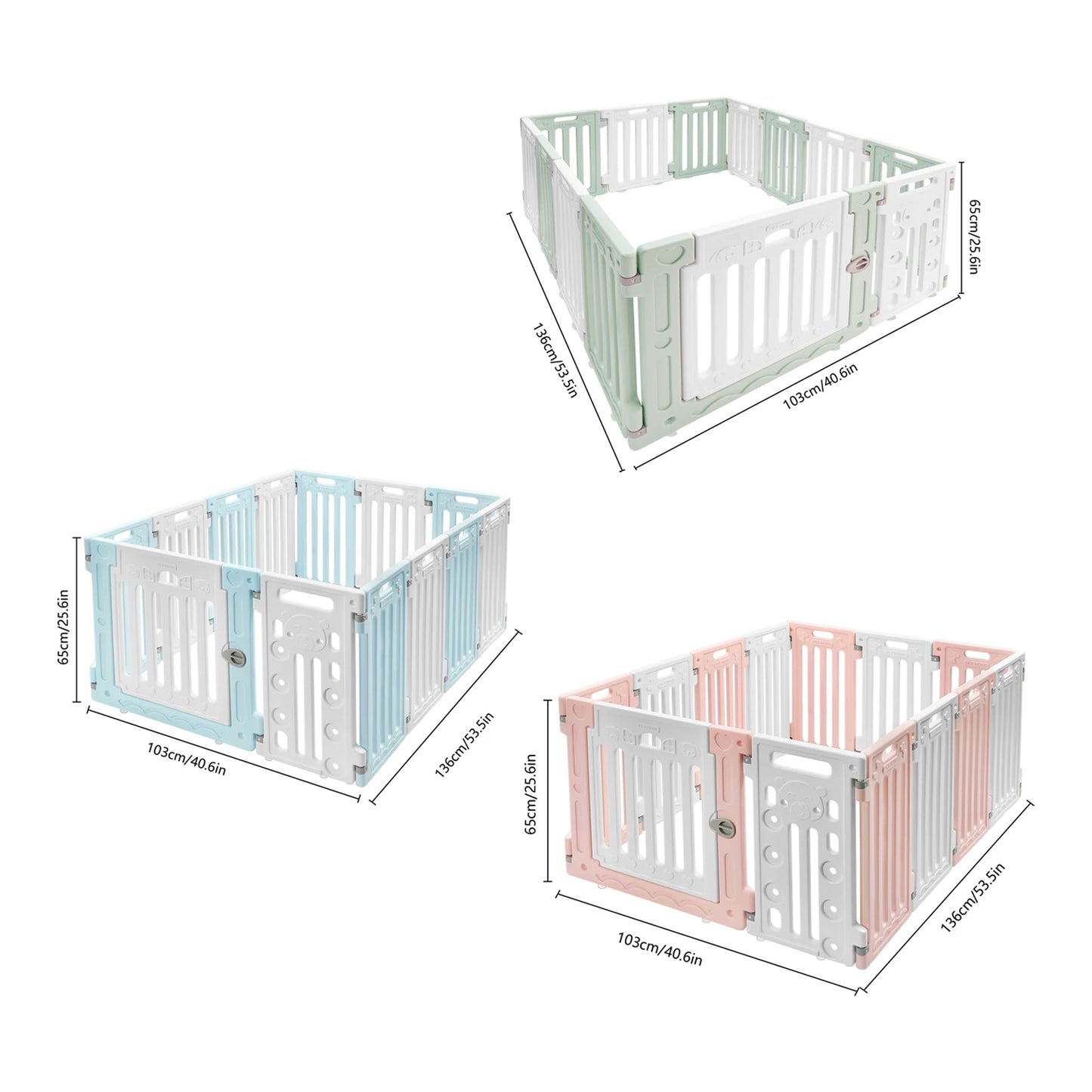 Hexagon Dog Playpen with Safety Door & Non-Slip Base, 25.6" HDPE Pet Fence for Puppy/Kitten, 13 Panels Blue/Pink/Green