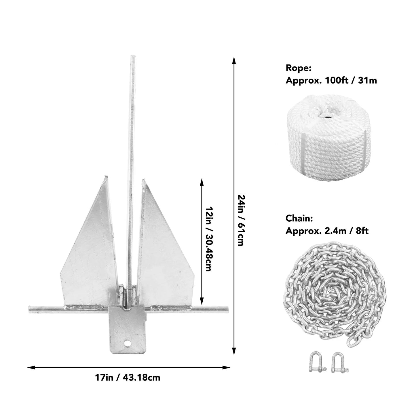 13lb Ship Anchor Kit Carbon Steel Heavy Duty Fluke Style Boat Anchor with Nylon Rope Chain for Fresh Water Sea Ship Supplies