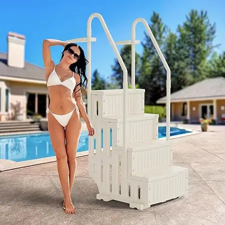 Pool Ladder Heavy-Duty Safety Step for Above Ground Pools Stair Entry System with Handrails, White and Grey (White, 4 Steps)