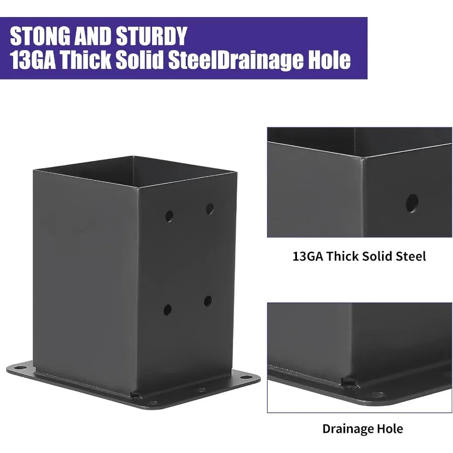 4x4 Post Base 6 Sets Post Anchor Inner Size 3.6"x3.6" Black Metal Powder-Coated Deck Post Base Support for Outdoor Fence Mailbo