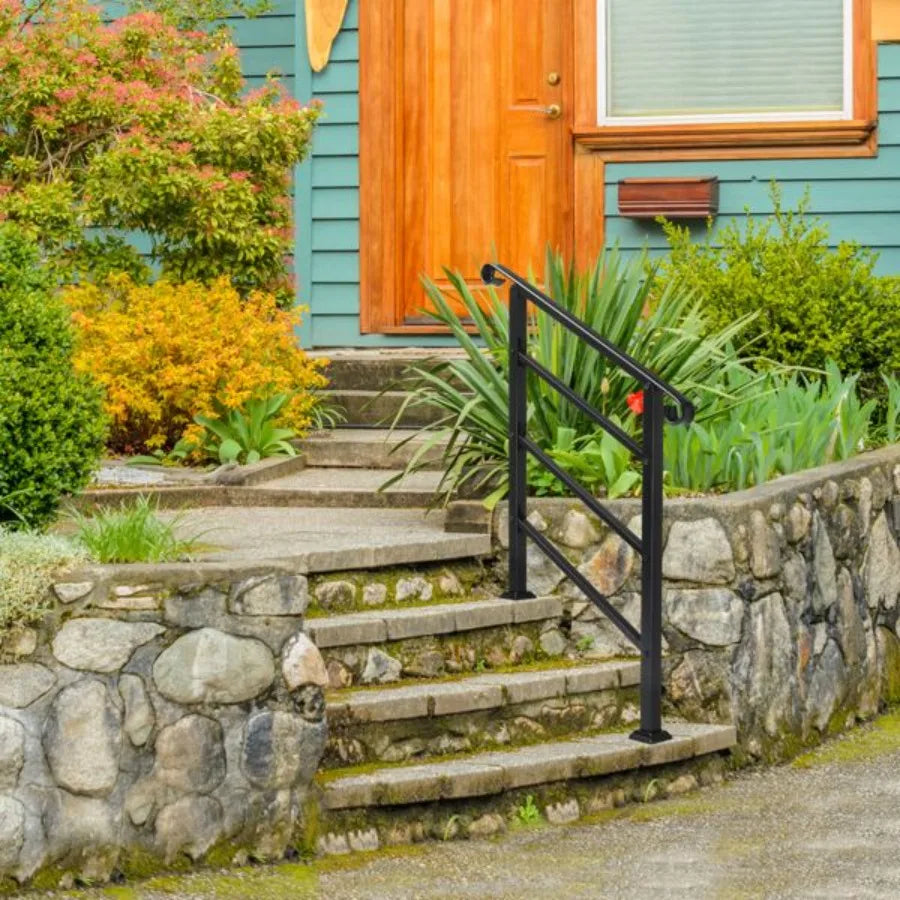Handrails for Outdoor Steps Wrought Iron Handrail Fits 1 or 3 Steps Transitional Handrail with Installation Kit Black
