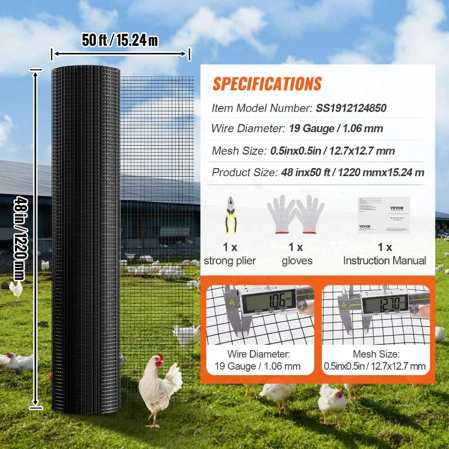 Hardware Cloth 48'' x 50' Galvanized Wire Mesh Roll 19 Gauge Chicken Wire Fence Roll Vinyl Coating Metal Wire Mesh for Chicken