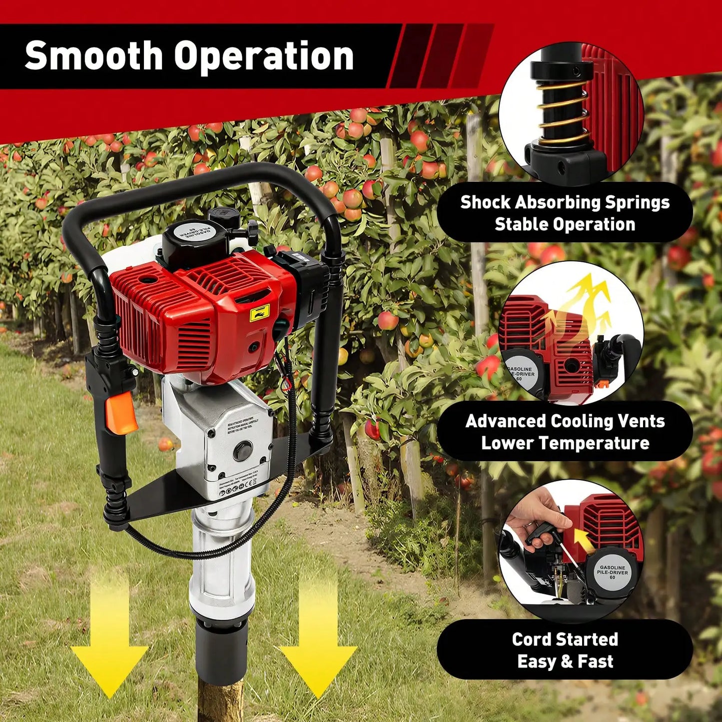 52cc Gas Powered T-Post Driver 2.3HP Fence Farm Push Pile Gasoline Engine Hammer