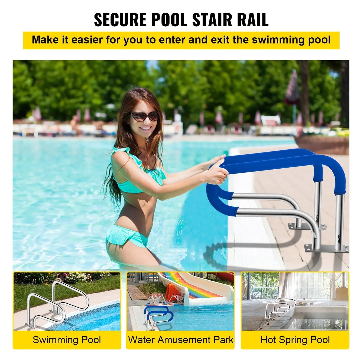 Pool Handrail, 32 x 22.5 Swimming Pool Stair Rail, 304 Stainless Steel Stair Pool Hand Rail Rated 375lbs Load Capacity, Pool Rai