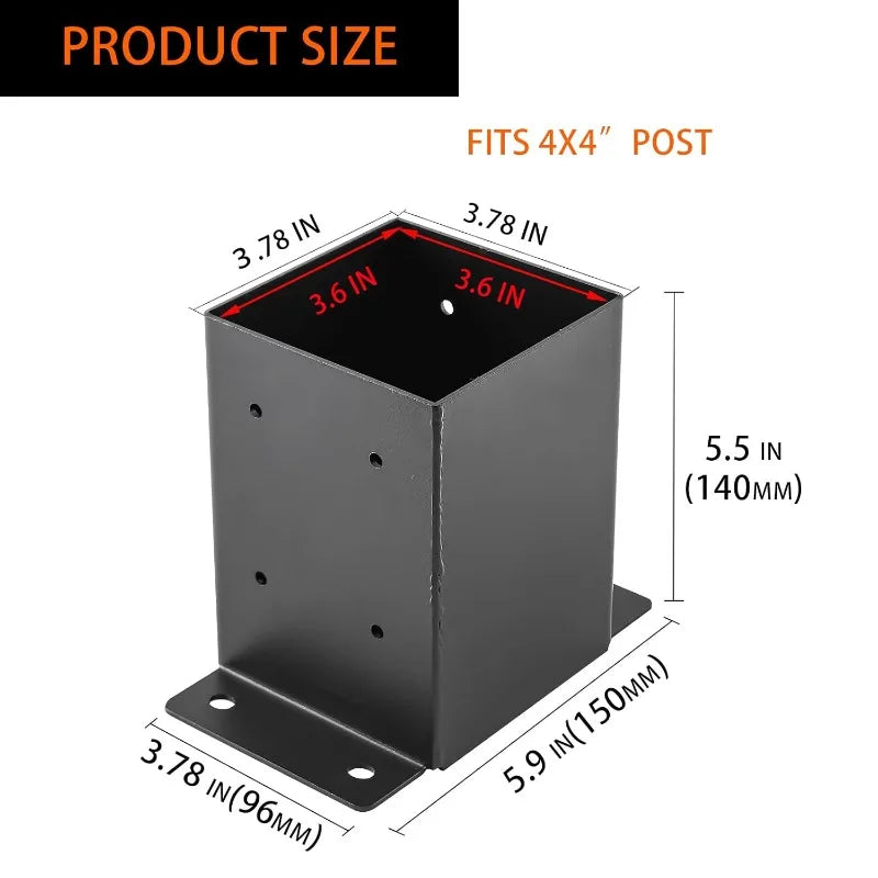 4x4 Post Base, Post Brackets(Inner Size 3.6"x3.6")，Black Powder Coated Heavy Thick Steel Post Anchor for Deck Porch Handrail Fen