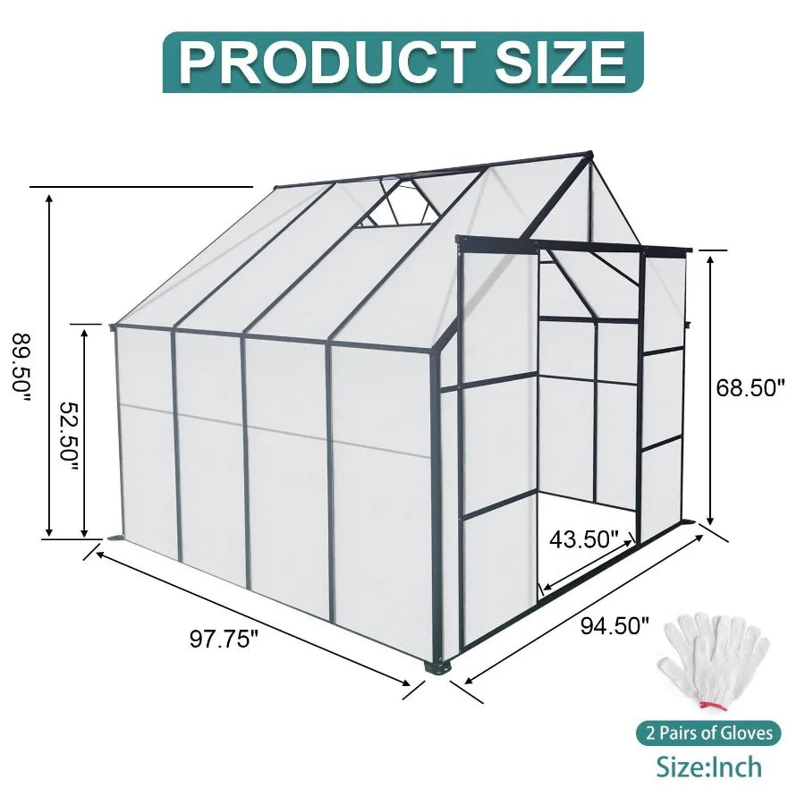 8x8 FT Double Door Polycarbonate Greenhouse Raised Base and Anchor Aluminum Heavy Duty Walkin Greenhouses for Outdoor Backyard
