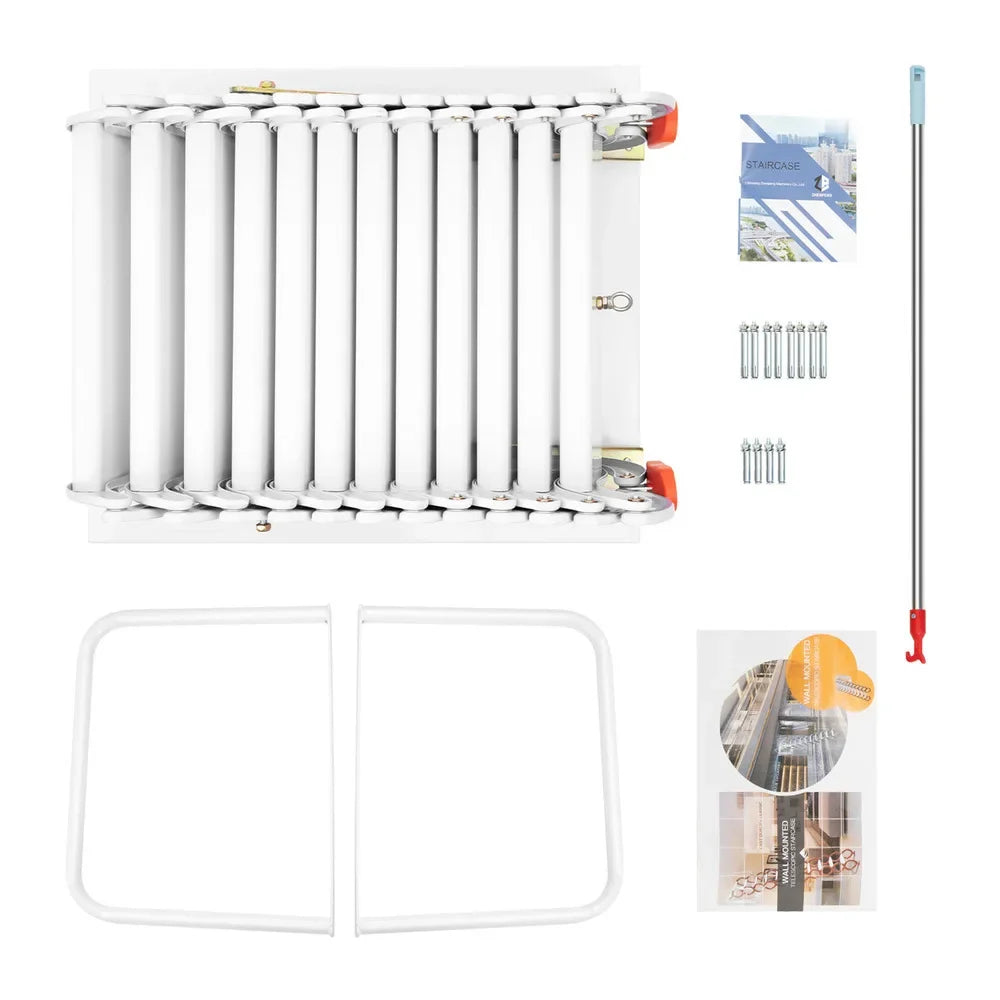 12 Steps Wall-mounted Non-slip Telescopic Extension Folding Ladder 881.85 Lbs Capacity Al-mg Alloy Multi Purpose With Handrails