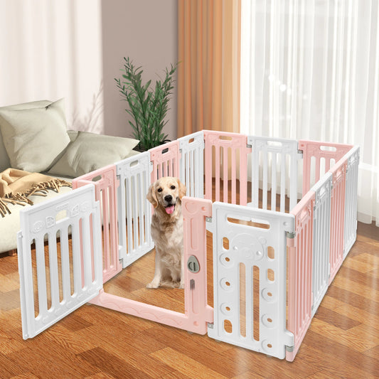 Hexagon Dog Playpen with Safety Door & Non-Slip Base, 25.6" HDPE Pet Fence for Puppy/Kitten, 13 Panels Blue/Pink/Green