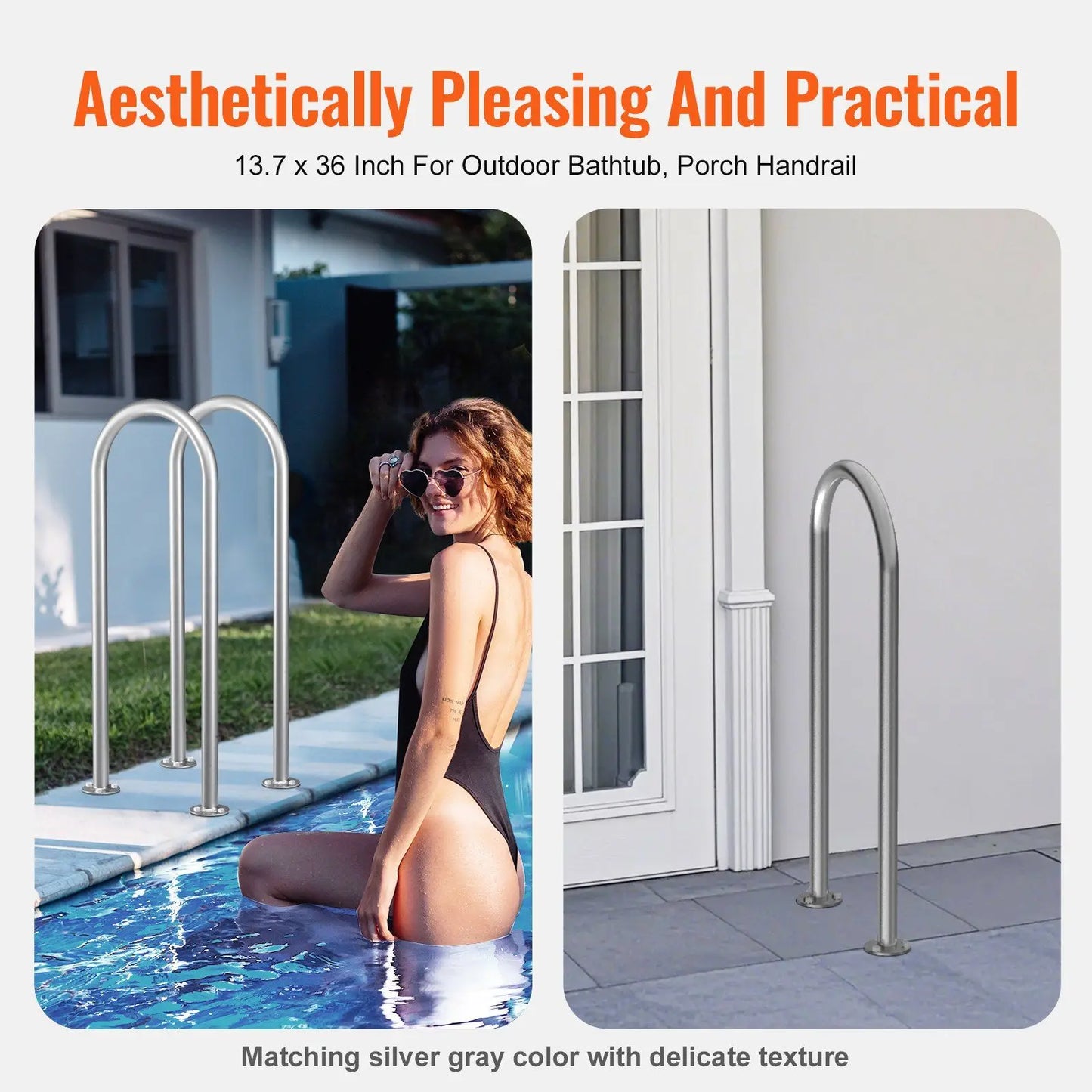 36 X 13 Inch Aluminum Pool Handrail with Base Plate Indoor/Outdoor Balustrades & Handrails