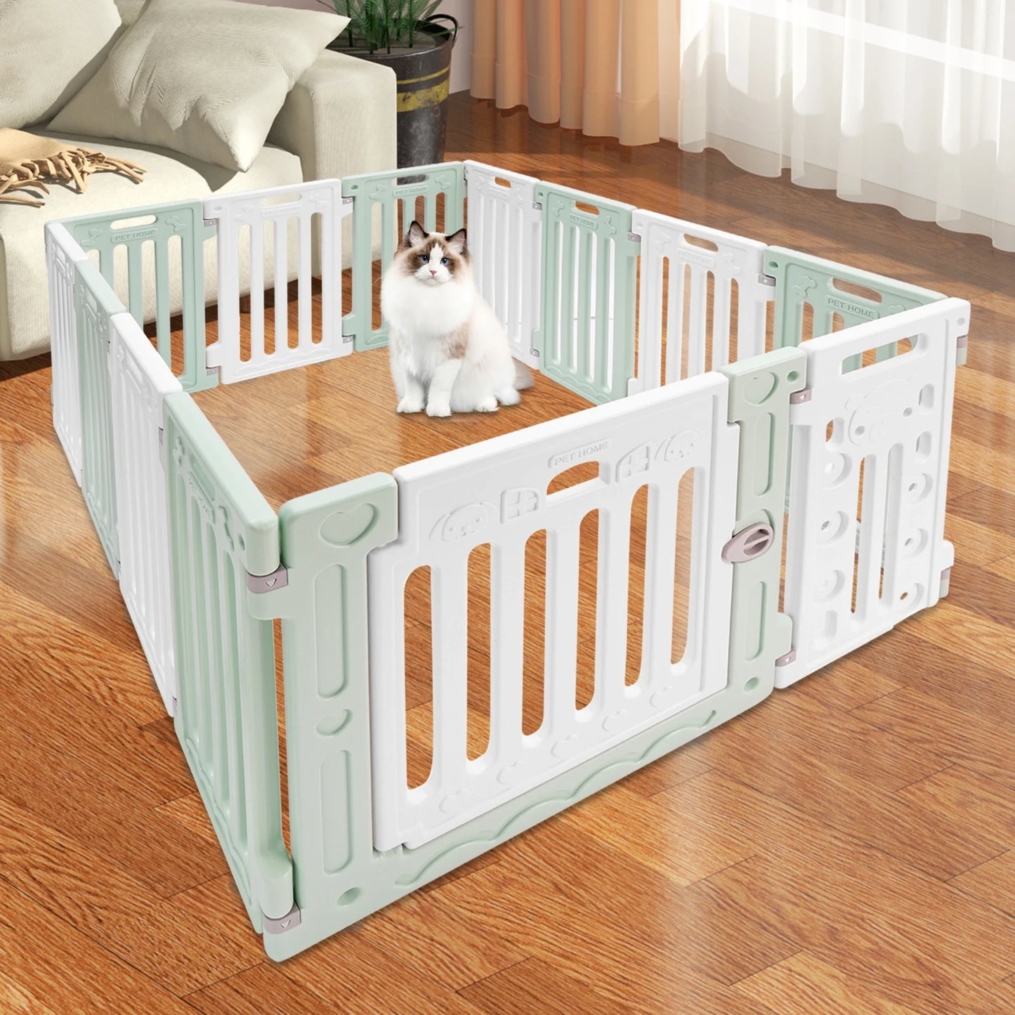 Hexagon Dog Playpen with Safety Door & Non-Slip Base, 25.6" HDPE Pet Fence for Puppy/Kitten, 13 Panels Blue/Pink/Green