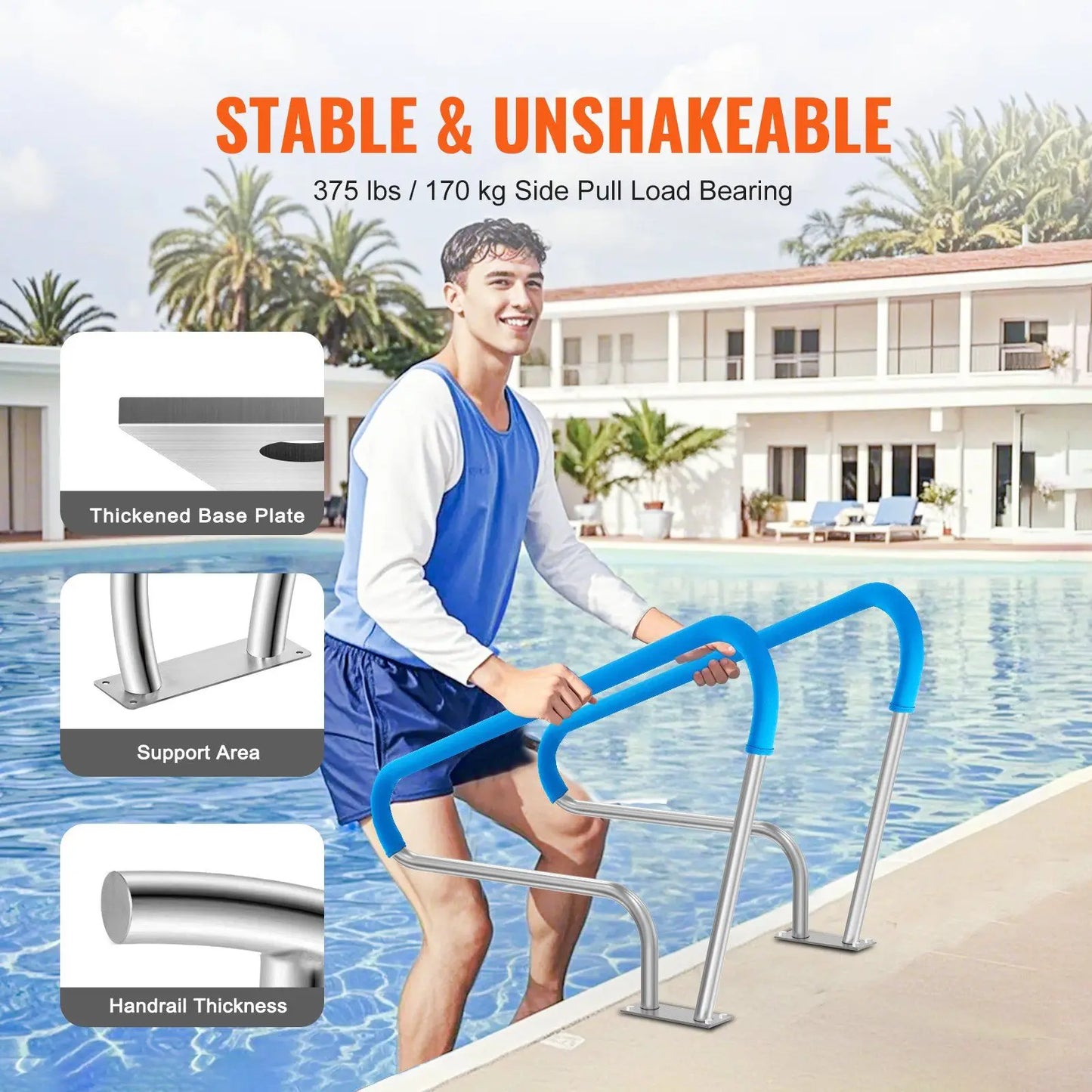 Pool Handrail 2 PCS 48x36in Stainless Steel with Base Plate for Spas