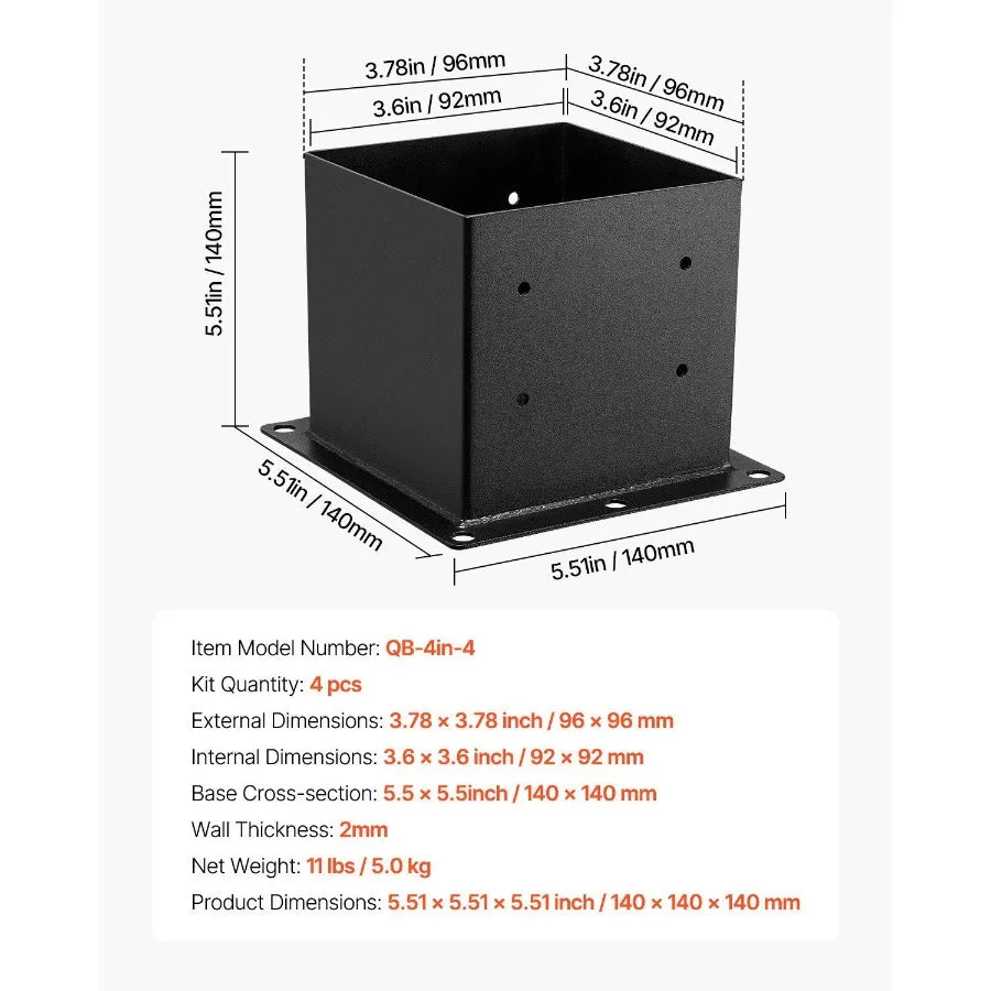 4 Pack 4x4 Post Base Brackets Wood Fen Post Anchor Inner Size 3.6x3.6 inch