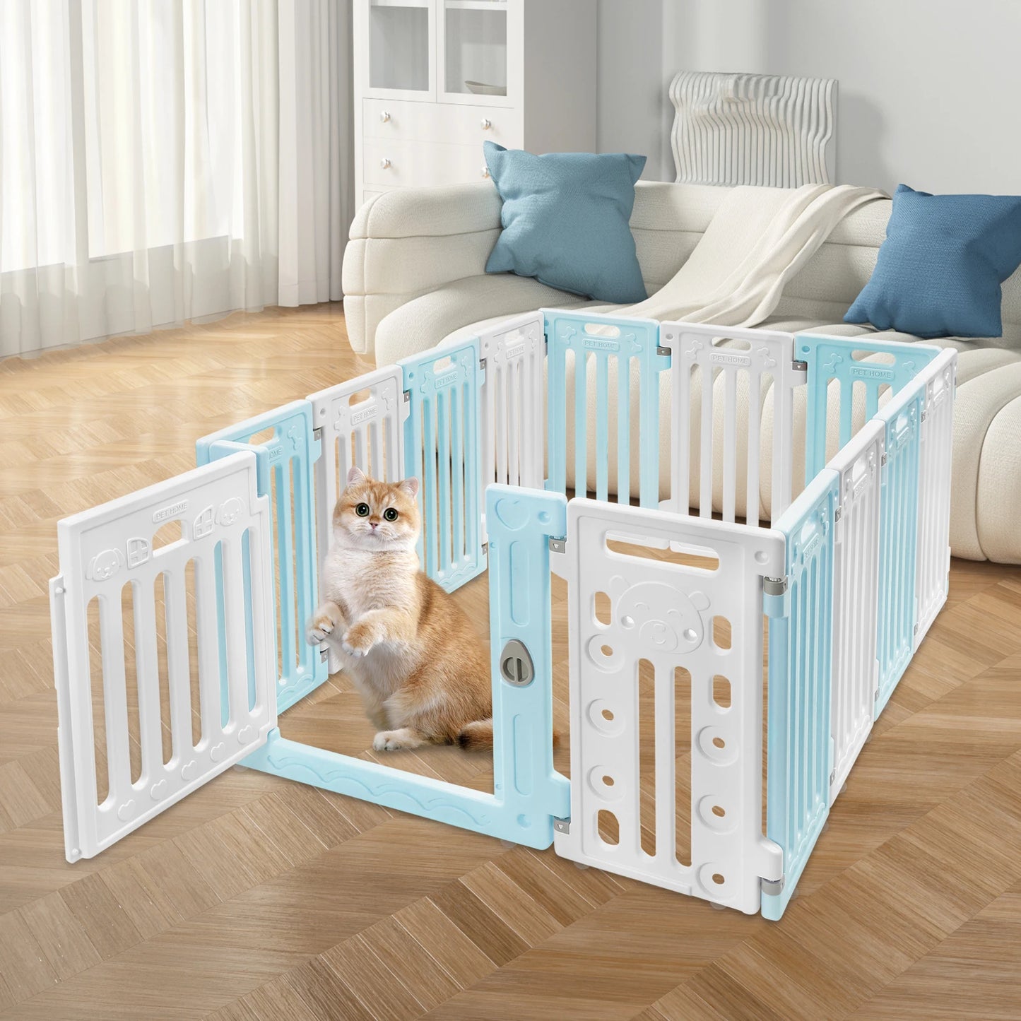 Hexagon Dog Playpen with Safety Door & Non-Slip Base, 25.6" HDPE Pet Fence for Puppy/Kitten, 13 Panels Blue/Pink/Green