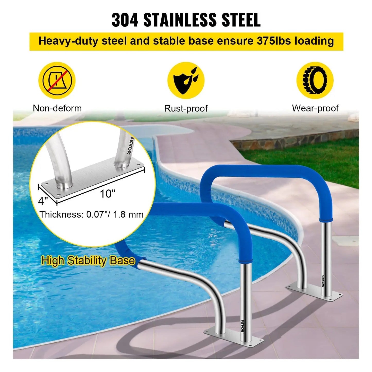 Pool Handrail, 32 x 22.5 Swimming Pool Stair Rail, 304 Stainless Steel Stair Pool Hand Rail Rated 375lbs Load Capacity, Pool Rai