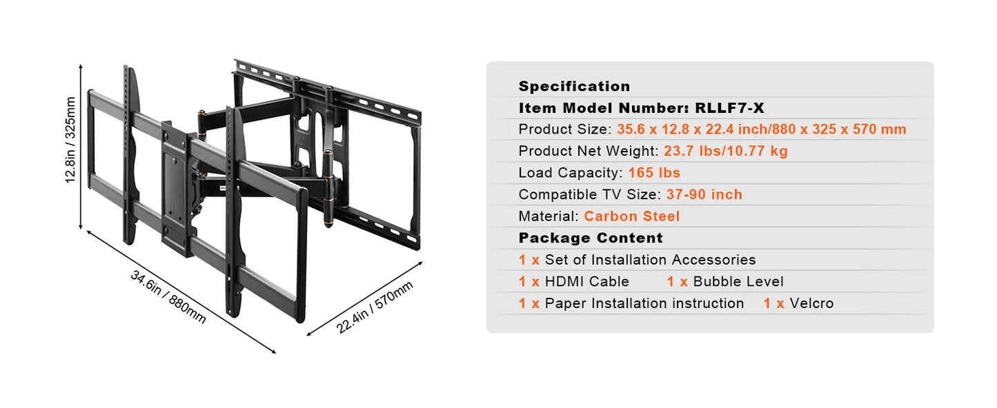 SucceBuy Full Motion TV Mount Fit for 26-90in TVs Swivel Tilt Horizontal Adjustment TV Wall Mount Bracket W/ Articulating Arms