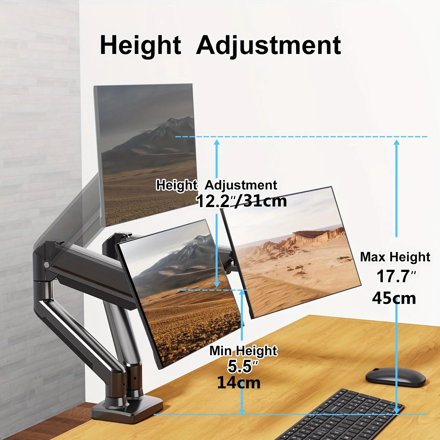 Dual Monitor Desk Mount up to 32 inches Screens Height Adjustable Monitor Stand, Heavy Duty Arm,VESA 75x75mm or 100x100mm, Black