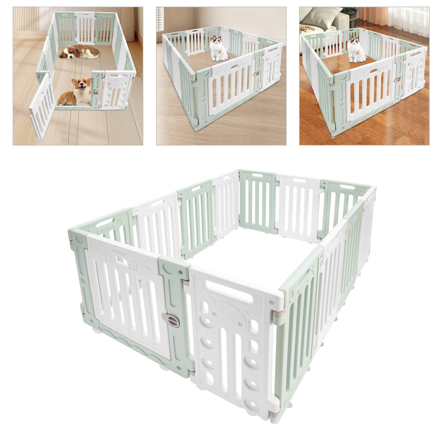 Hexagon Dog Playpen with Safety Door & Non-Slip Base, 25.6" HDPE Pet Fence for Puppy/Kitten, 13 Panels Blue/Pink/Green