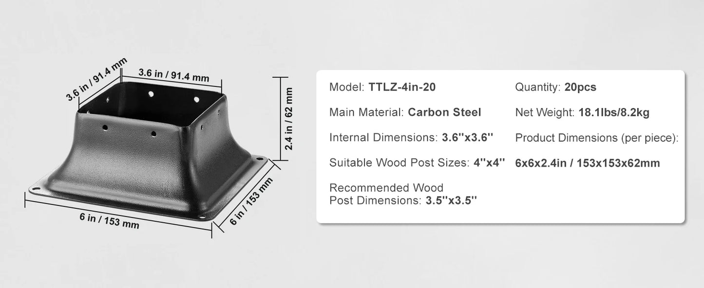 SucceBuy 4x4 Post Base Internal 3.6"x3.6" Heavy Duty Powder-Coated Steel Post Bracket for Deck Porch Handrail Railing Support