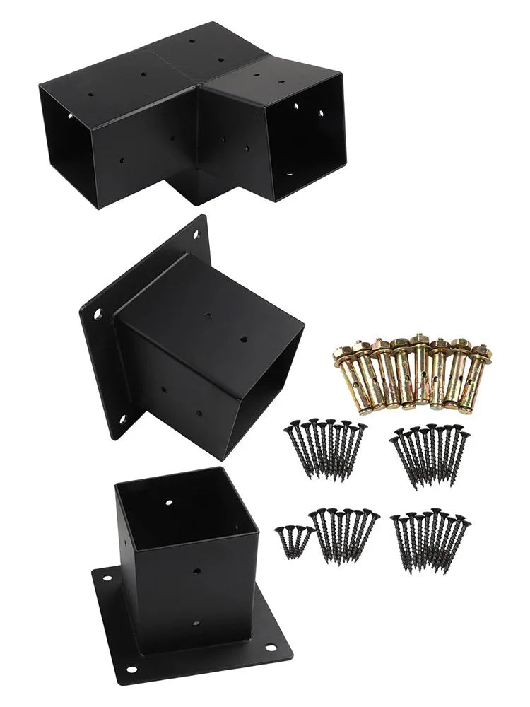 Slanted Roof Pergola Brackets Wall Mount Kit For 4x4 Inch Posts Steel 3-Way Unidirectional With Hardware Black