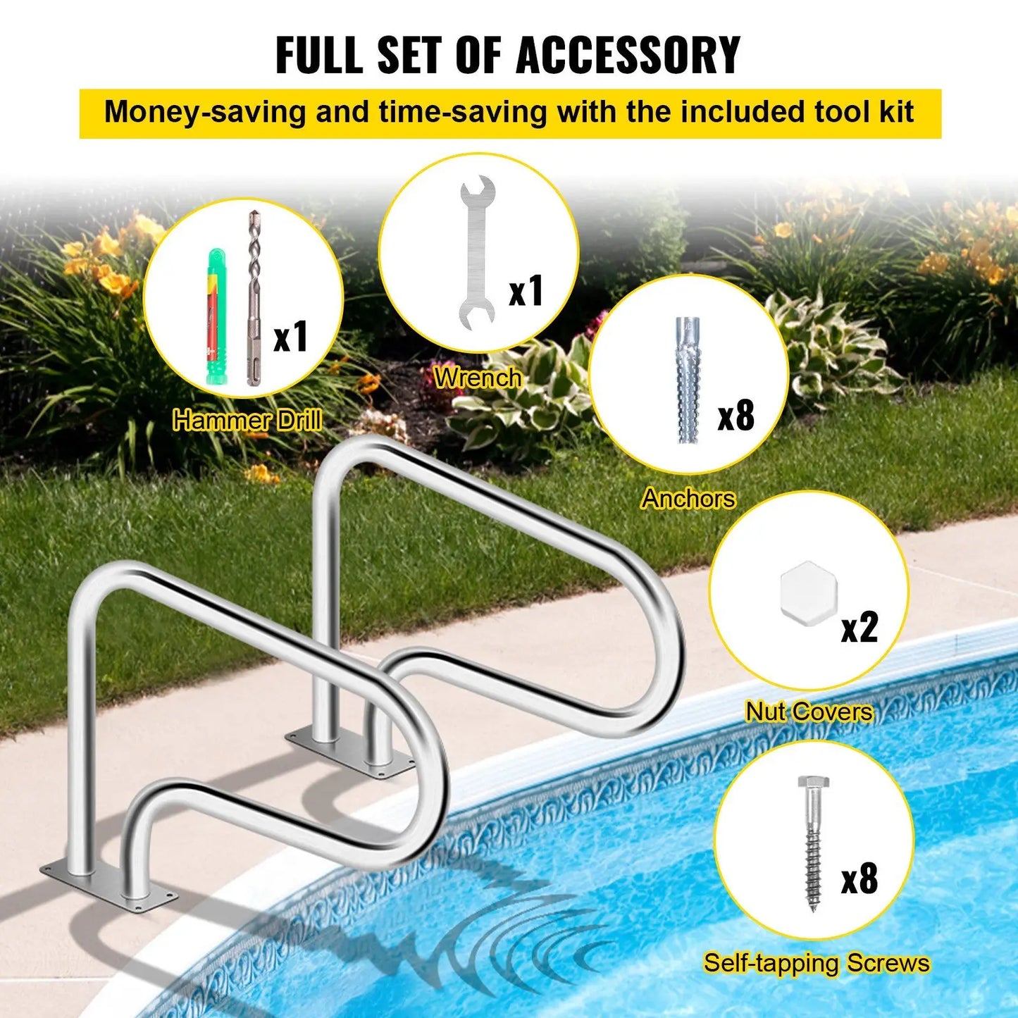 Pool Handrail, 32 x 22.5 Swimming Pool Stair Rail, 304 Stainless Steel Stair Pool Hand Rail Rated 375lbs Load Capacity, Pool Rai