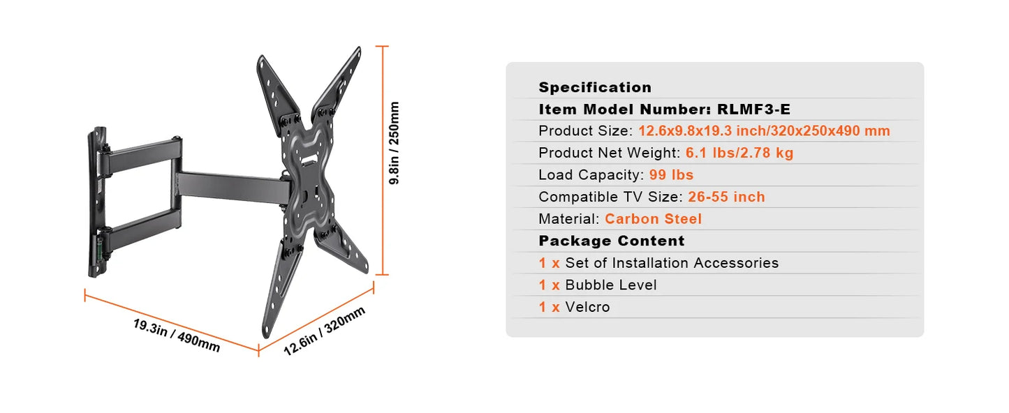 SucceBuy Full Motion TV Mount Fit for 26-90in TVs Swivel Tilt Horizontal Adjustment TV Wall Mount Bracket W/ Articulating Arms