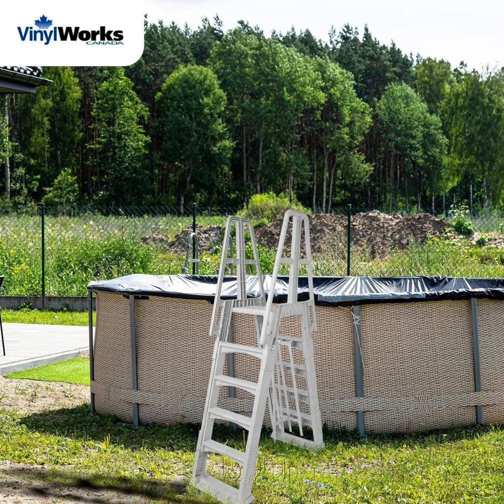 SLA A-Frame 48 to 56 Inch Adjustable Above Ground Swimming Pool Ladder Entry System with Slide Lock Barrier and Handrails, Whit