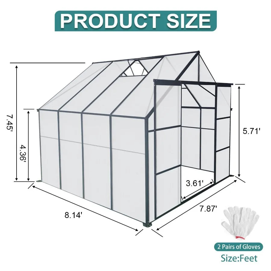 8x8 FT Double Door Polycarbonate Greenhouse Raised Base and Anchor Aluminum Heavy Duty Walkin Greenhouses for Outdoor Backyard