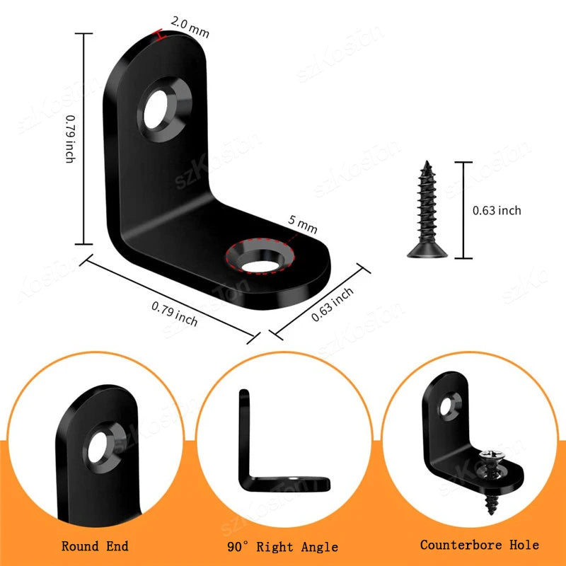 10~50PCS Black Stainless Steel L Shaped Bracket 90 Degree Right Angle Corner Brackets with Screw  for DIY Wood Furniture Cabinet