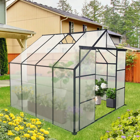 8x8 FT Double Door Polycarbonate Greenhouse Raised Base and Anchor Aluminum Heavy Duty Walkin Greenhouses for Outdoor Backyard