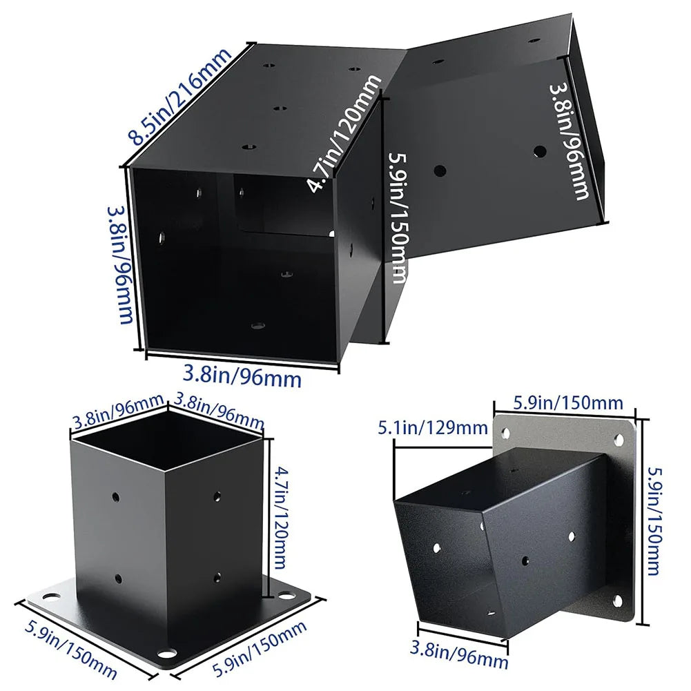 Slanted Roof Pergola Brackets Wall Mount Kit For 4x4 Inch Posts Steel 3-Way Unidirectional With Hardware Black