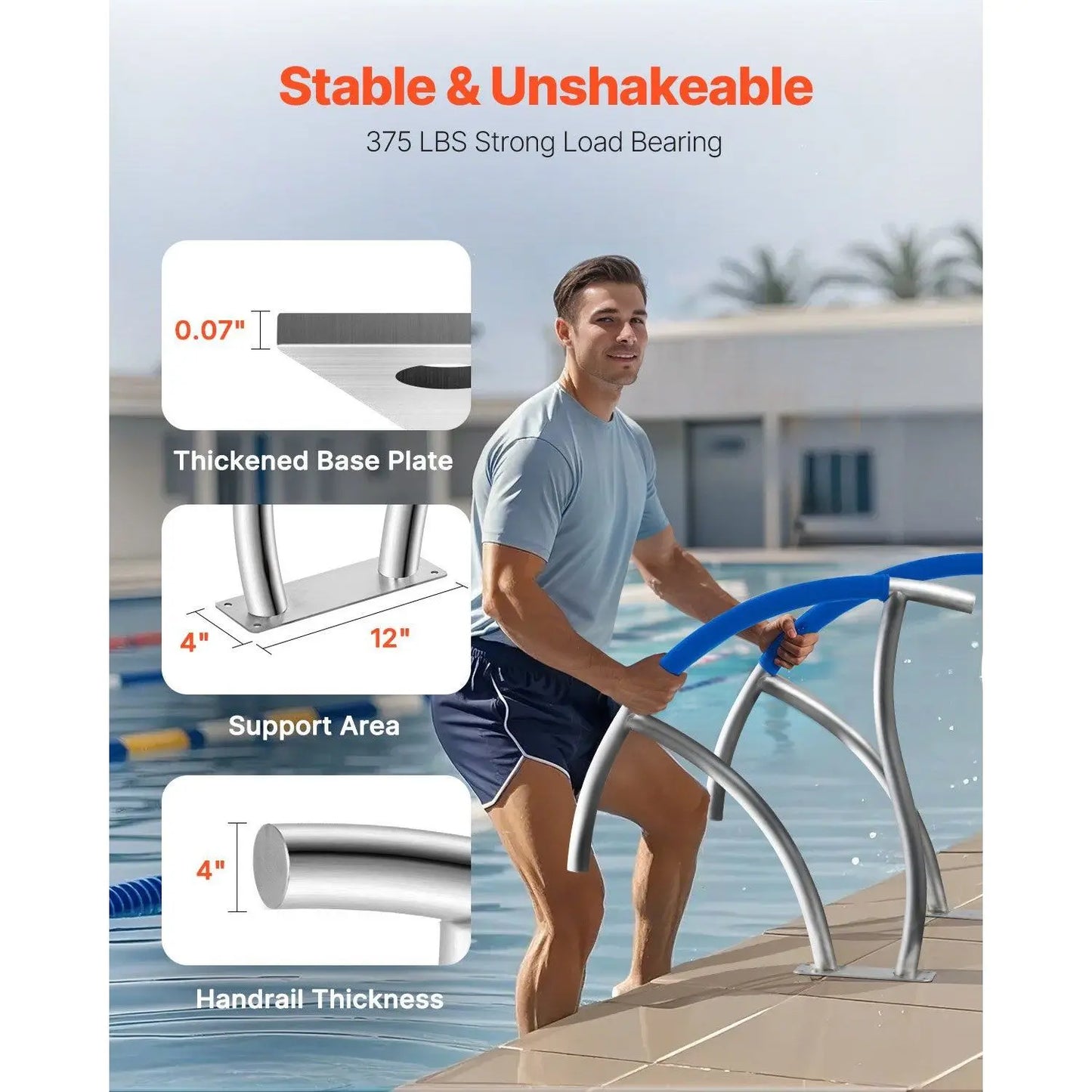 Pool Handrail, 2Pack 30"x30" Swimming Pool Stair Rail, 304 Stainless Steel Stair Pool Hand Rail Rated 375lbs Load Capacity, Pool