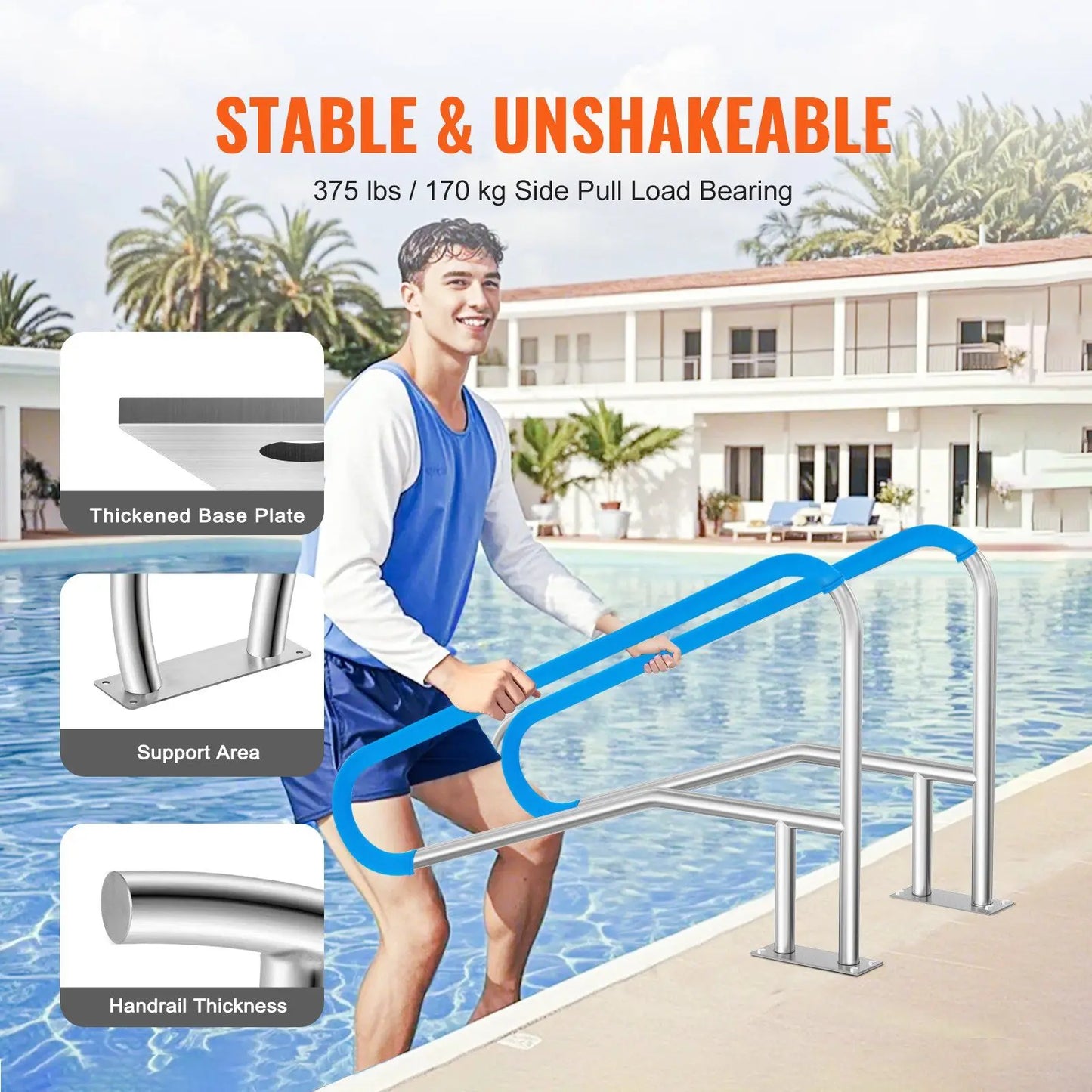 Pool Handrail 54 x 36 inch Stainless Steel with Base Plate for Spas