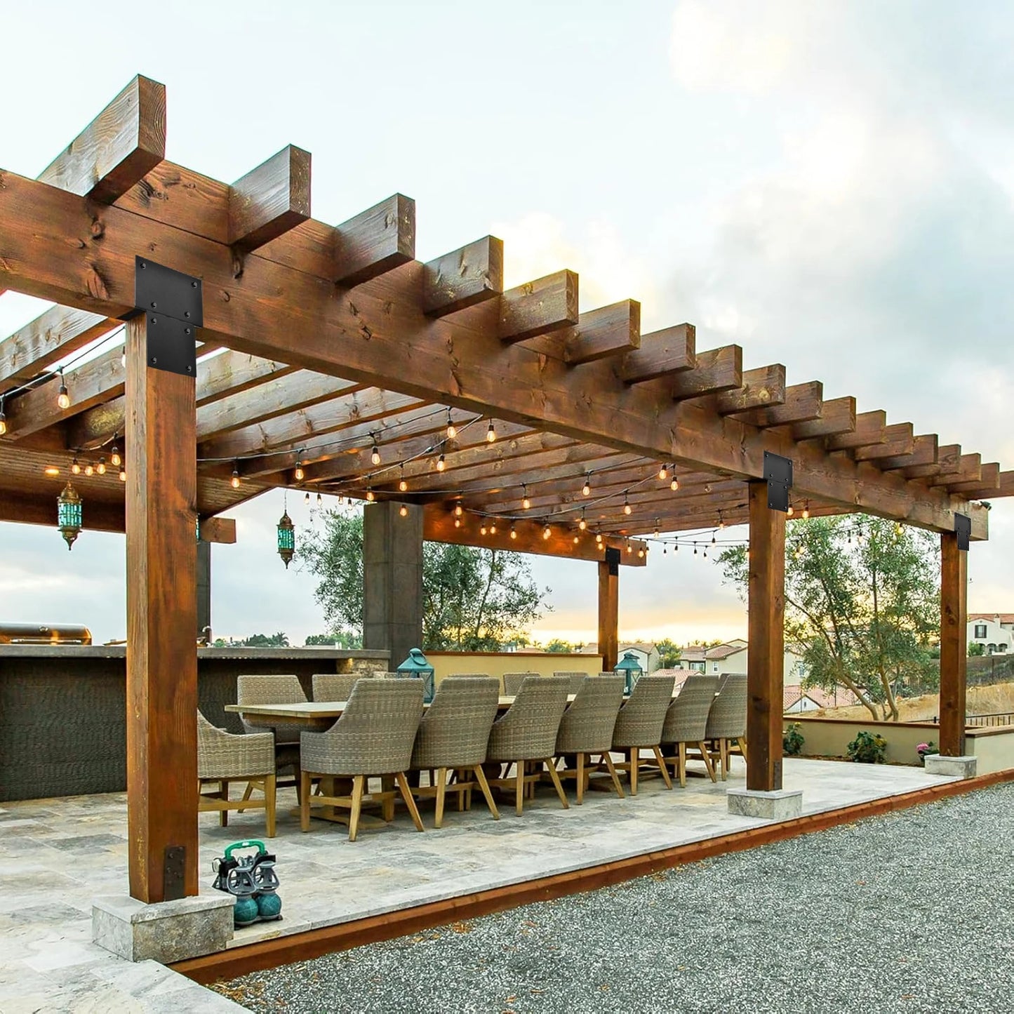 Pergola Hardware Kit 4 Pieces, Wood Beam Tie Brackets for 6"x 6" (Actual 5.5" X 5.5") Posts, DIY Brackets for Porch Log Cabins