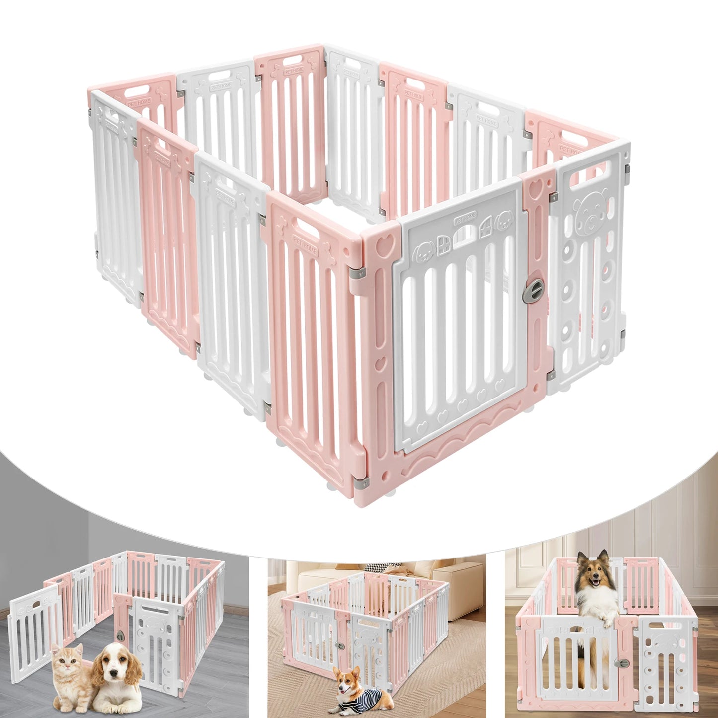 Hexagon Dog Playpen with Safety Door & Non-Slip Base, 25.6" HDPE Pet Fence for Puppy/Kitten, 13 Panels Blue/Pink/Green