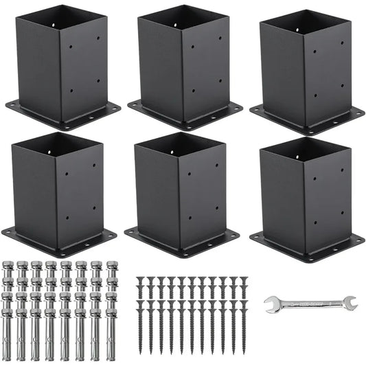 4x4 Post Base 6 Sets Post Anchor Inner Size 3.6"x3.6" Black Metal Powder-Coated Deck Post Base Support for Outdoor Fence Mailbo
