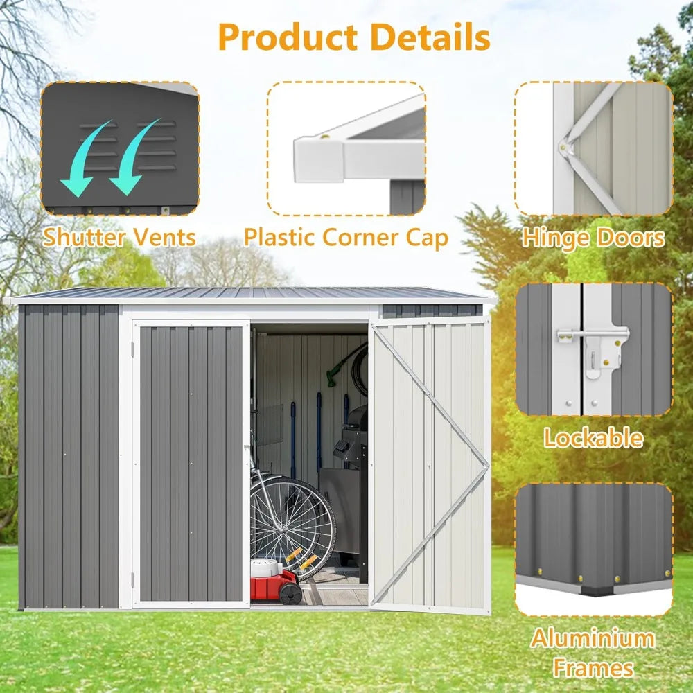 1 6x8FT Metal Outdoor Storage Shed with Floor Frame,Large Tool&Lawn Mower Shed with Two Lockable Doors for Garden Backyard Patio